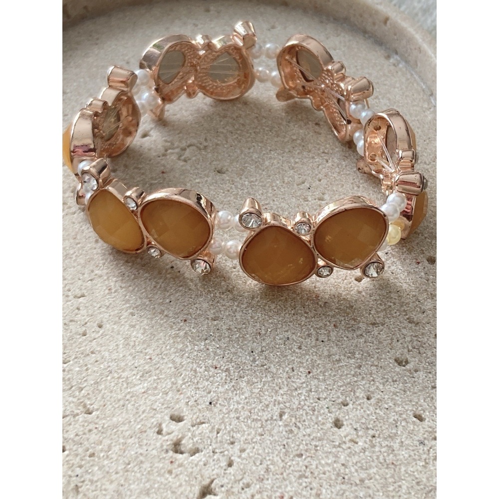 Rose Gold Tone Stretch Bracelet Peachy Apricot Faceted Beads Rhinestone Pearl